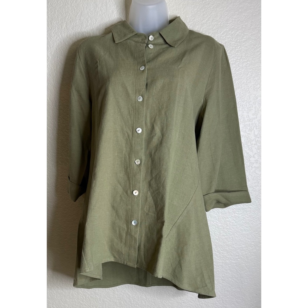 Soft Surroundings Green Medium Tunic Top Linen Blend 3/4‎ Sleeve Beach Preppy